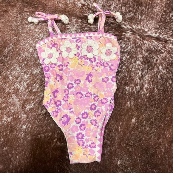 Shade Critters Purple Ditsy Floral Crochet Pom Pom One Piece Swimsuit 6–12M - Picture 2 of 7